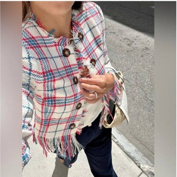 Veronica Beard Marlton Tweed Fringe Check Jacket Size 8 - Picture 4 of 12